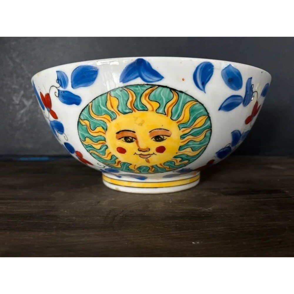 Vintage Sun Face Ceramic Bowl | Colorful Celestial Folk Art Kitchen Decor